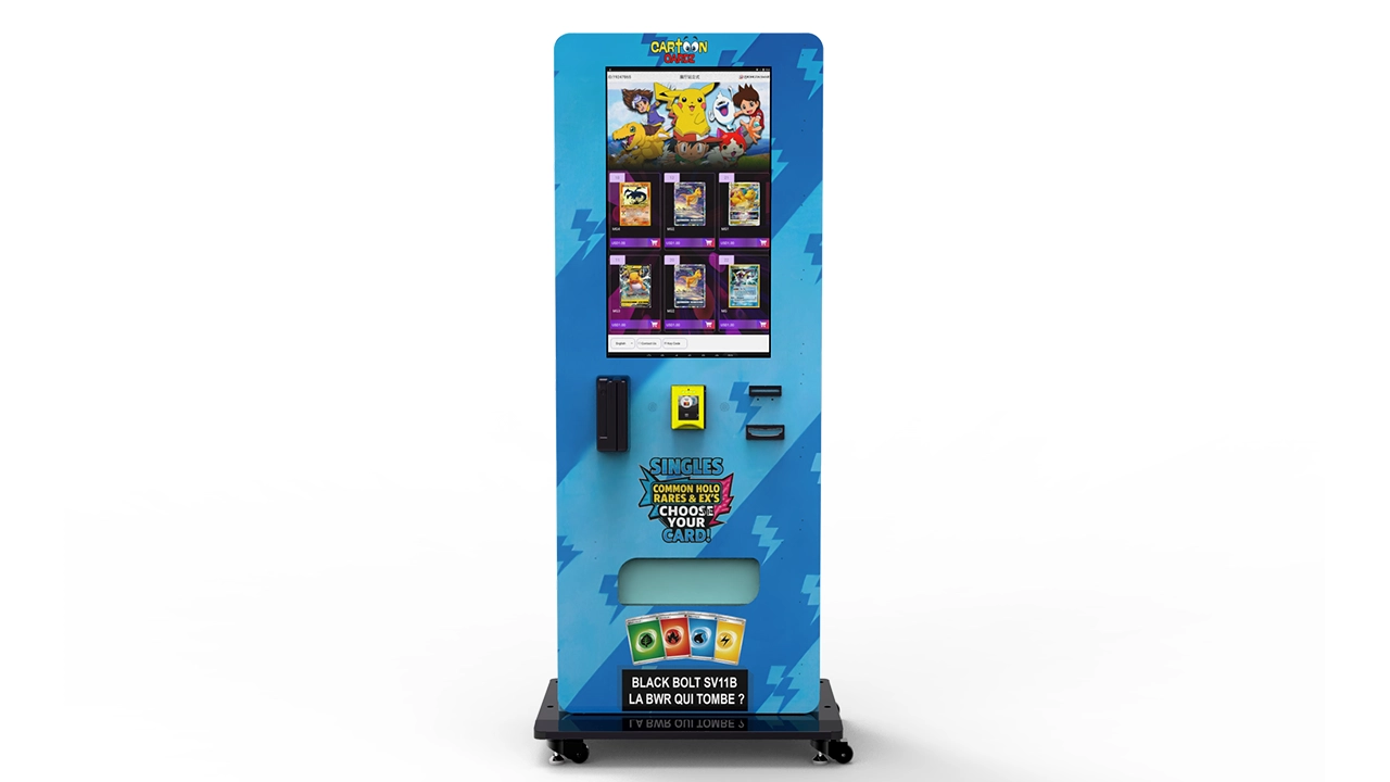 Trading card vending machine hardware and product dispensing configuration