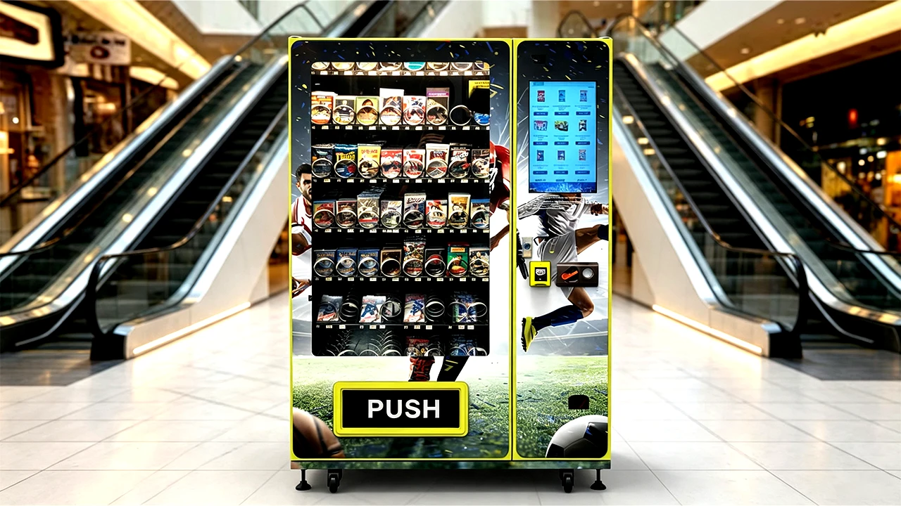 Touchscreen trading card vending machine interface for automated airport retail