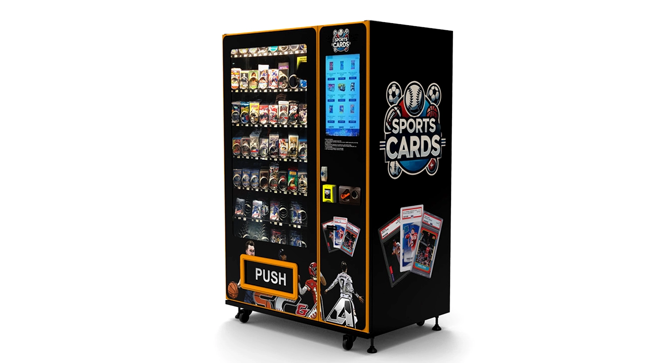 Touchscreen trading card vending machine with mixed cargo capacity