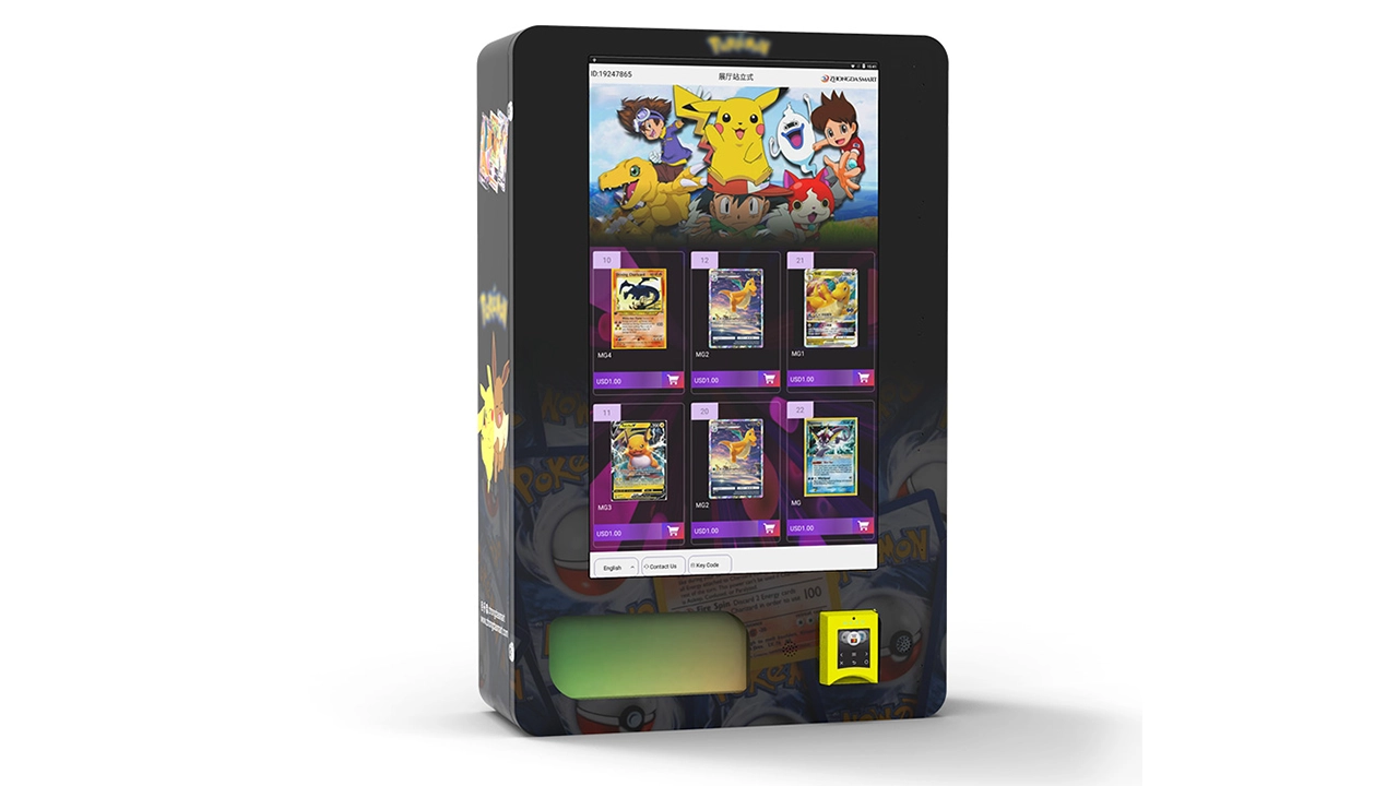 Trading card vending machine product shelves and dispensing area