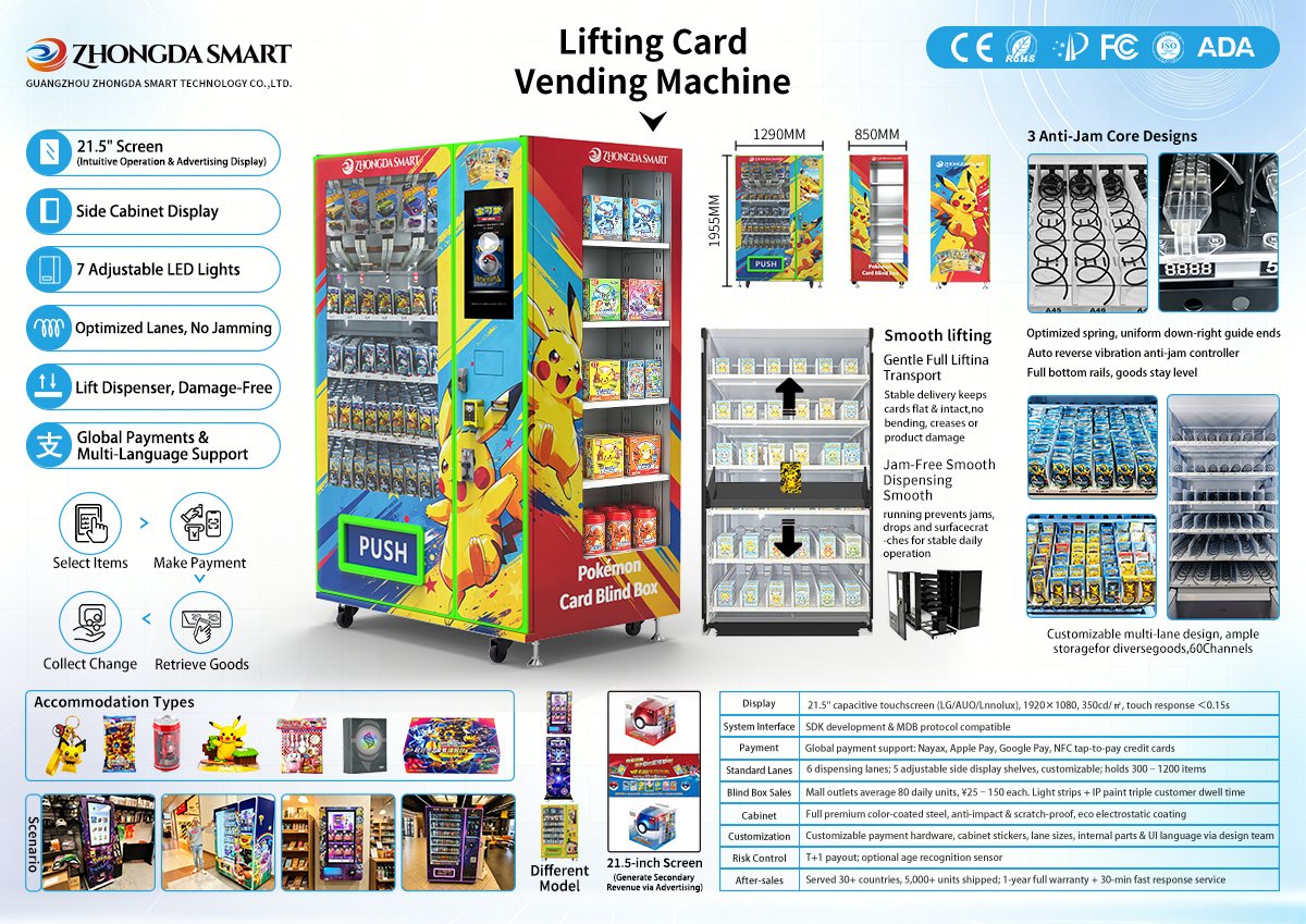 Elevator trading card vending machine with lift delivery system and customizable cargo lanes